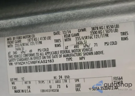 2015 Ford Transit T-150 z USA, uszkodzony, nr VIN 1FMZK1CM8FKA52183